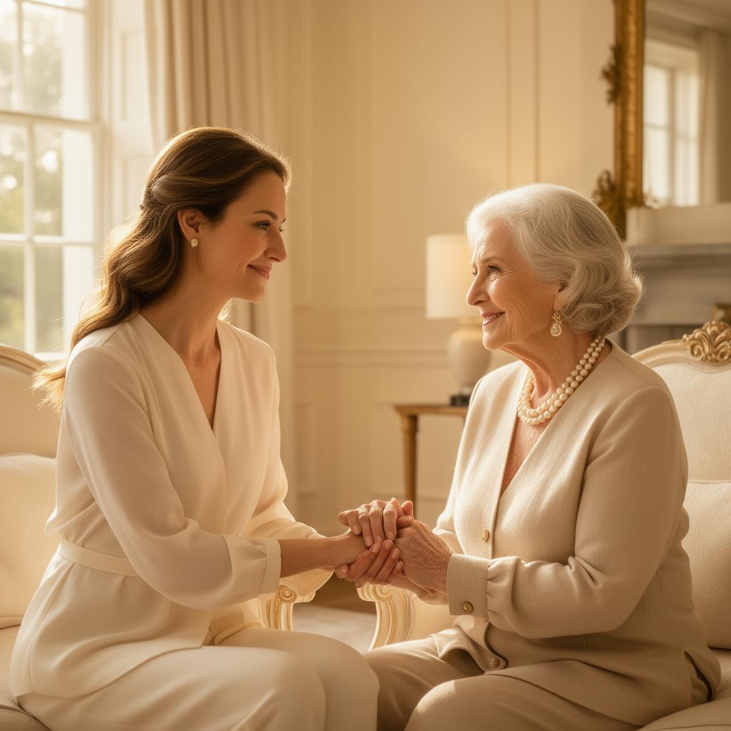 Adult daughter holding her mother's hands warmly