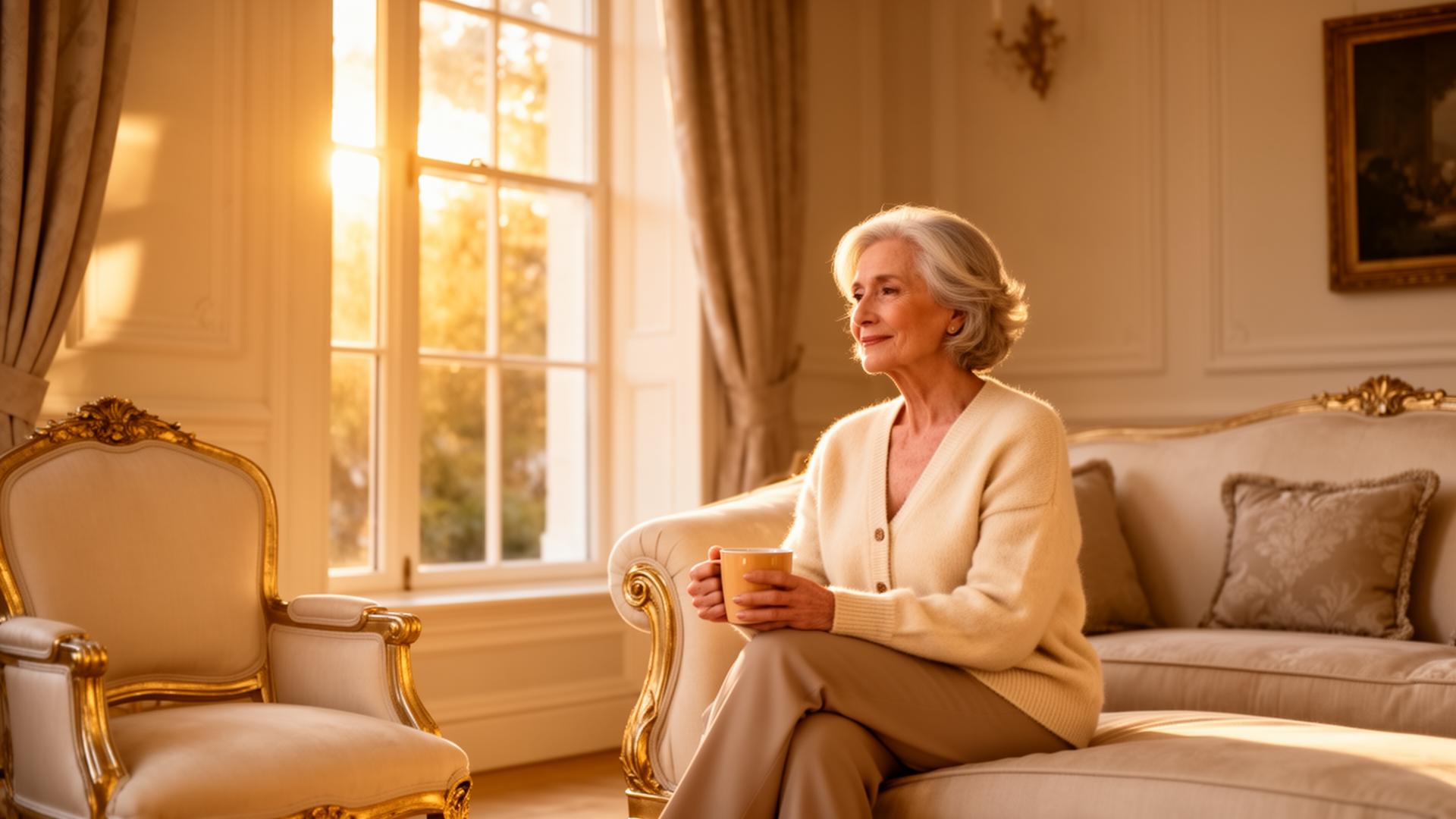 Elegant older woman enjoying a peaceful moment in a sunlit home